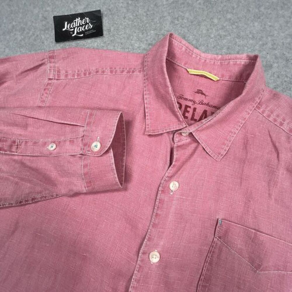 Tommy Bahama Shirt Mens XL Extra Large Pink 100% Linen Long Sleeve Button‎ Up